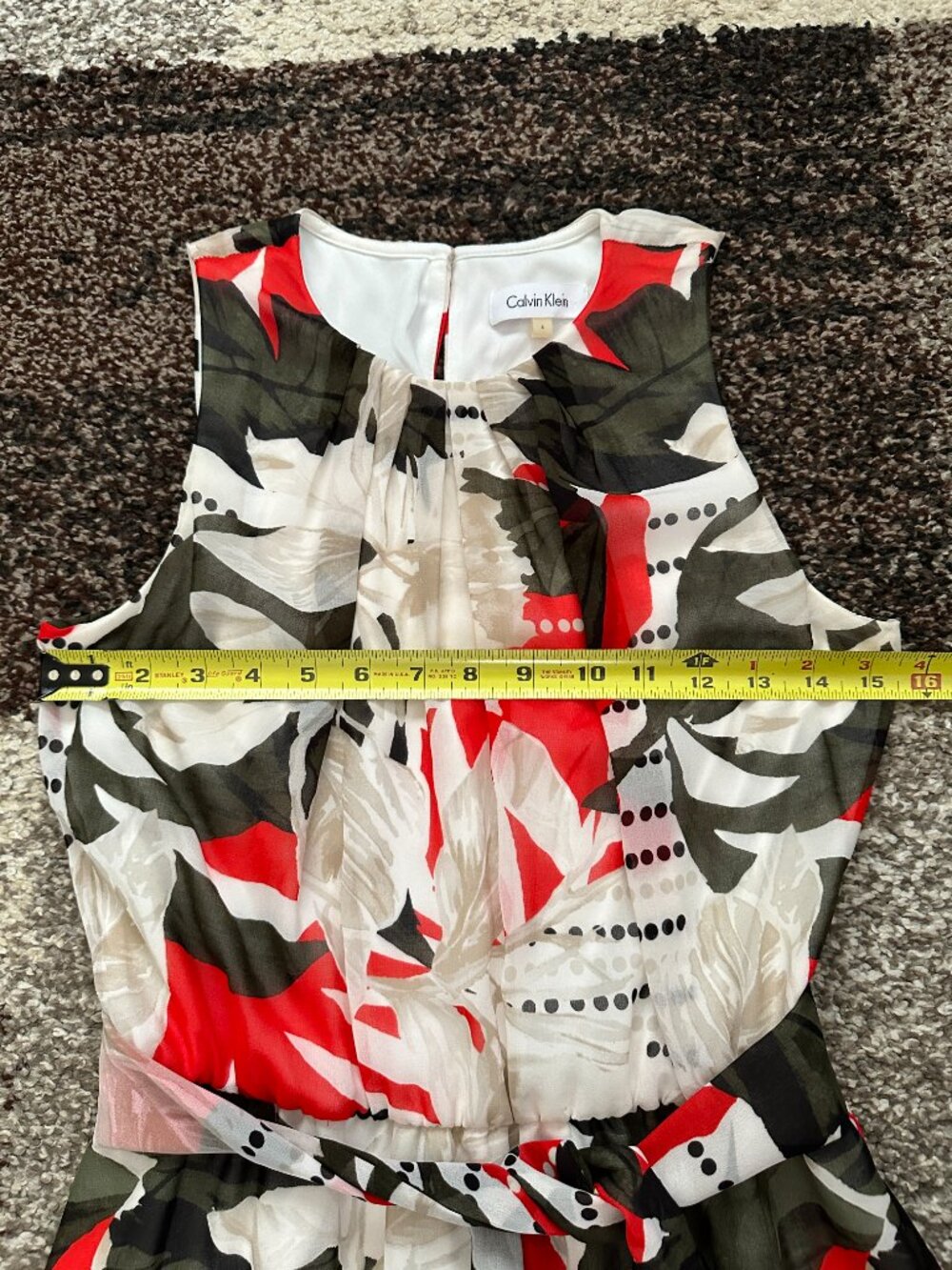 CALVIN KLEIN (Size 4) Chiffon Overlay Floral Dress Maxi Long Red Green White Tie - Picture 8 of 16